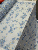 3D Floral Lace on Mesh Sky Blue and Light Yellow