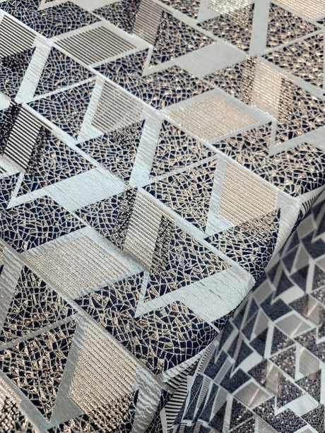 Brocade Jacquard Metallic Gold Geometric Navy Blue