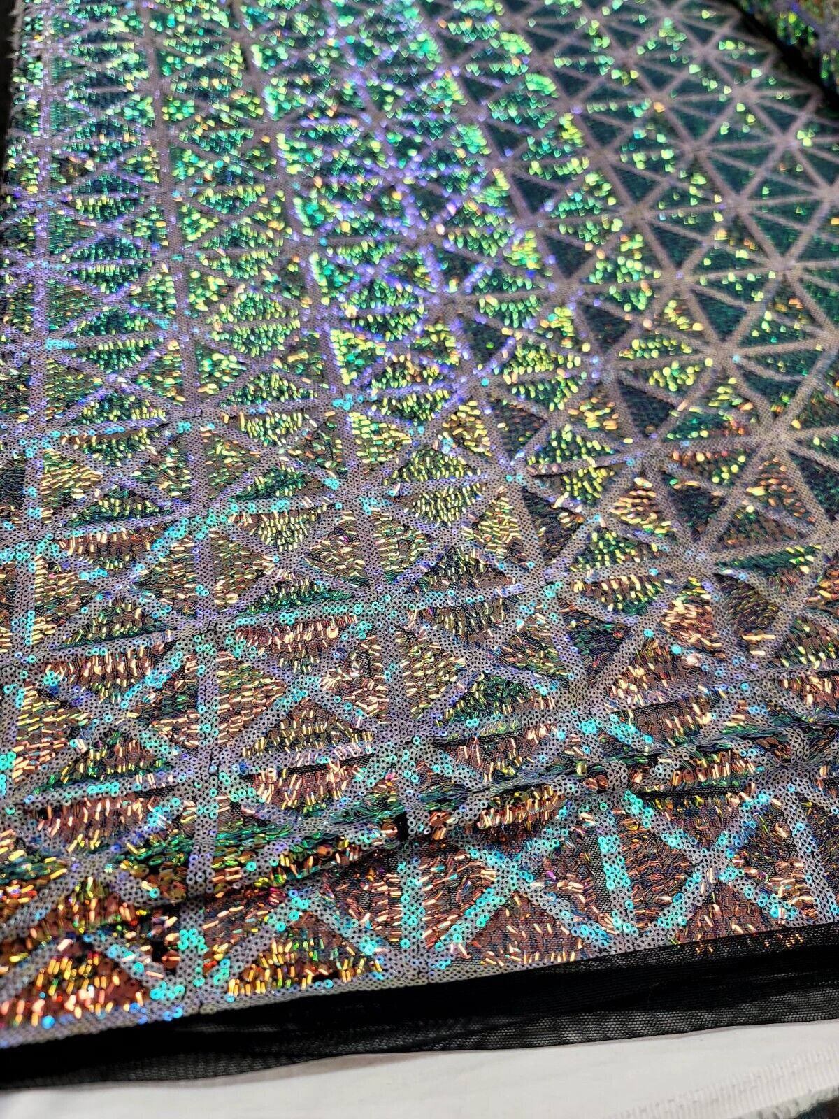 Sequin Stretch Mesh Fabric Green Blue Iridescent on Black