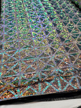 Sequin Stretch Mesh Fabric Green Blue Iridescent on Black