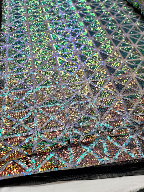 Sequin Stretch Mesh Fabric Green Blue Iridescent on Black