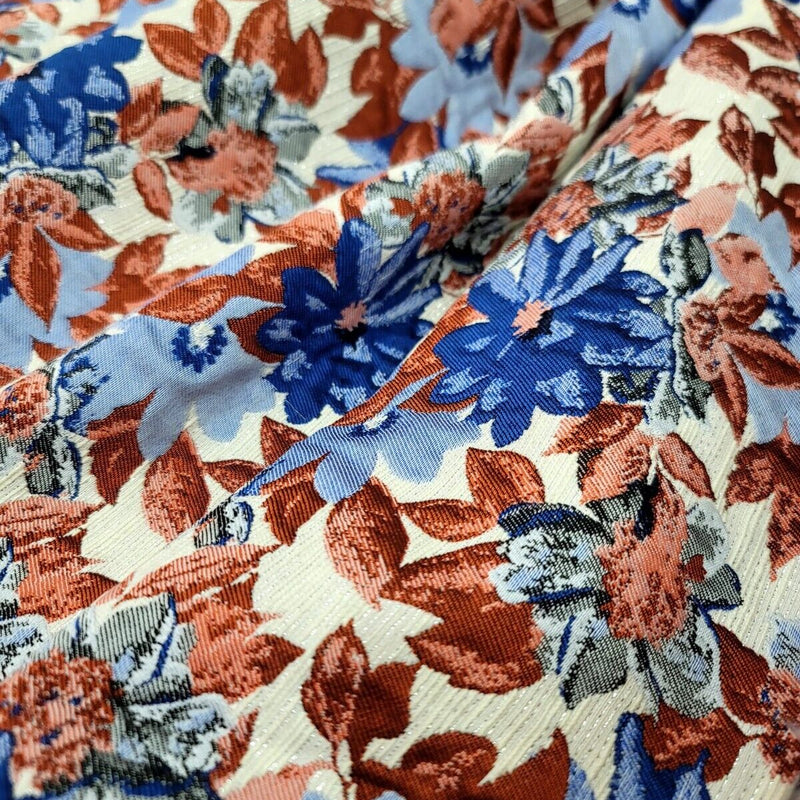 Brocade Jacquard Floral Chenille Fabric Blue Maroon Coral