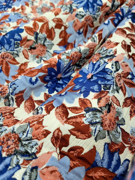 Brocade Jacquard Floral Chenille Fabric Blue Maroon Coral