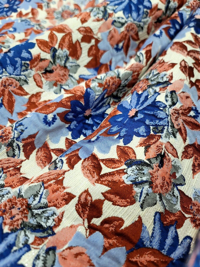 Brocade Jacquard Floral Chenille Fabric Blue Maroon Coral