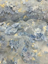 3D Floral Lace on Mesh Sky Blue and Light Yellow