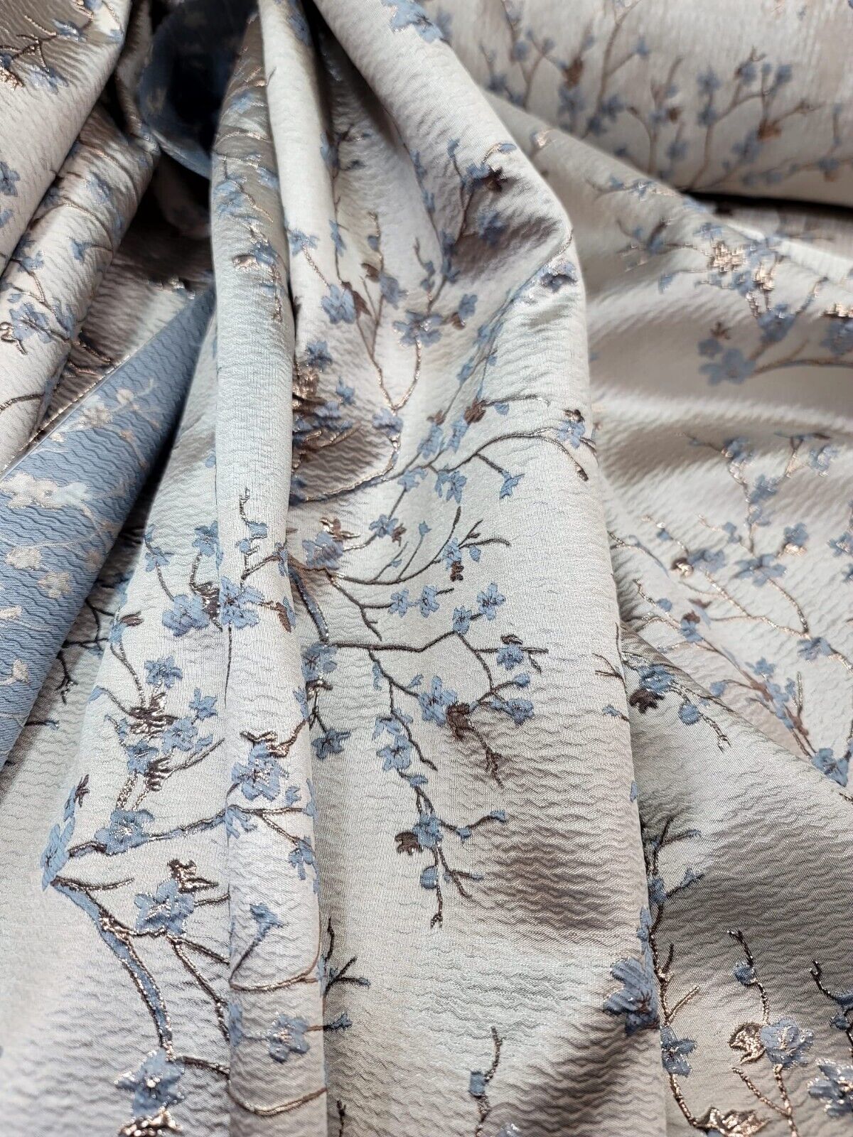 Brocade Jacquard Floral Fabric Baby Blue Gold