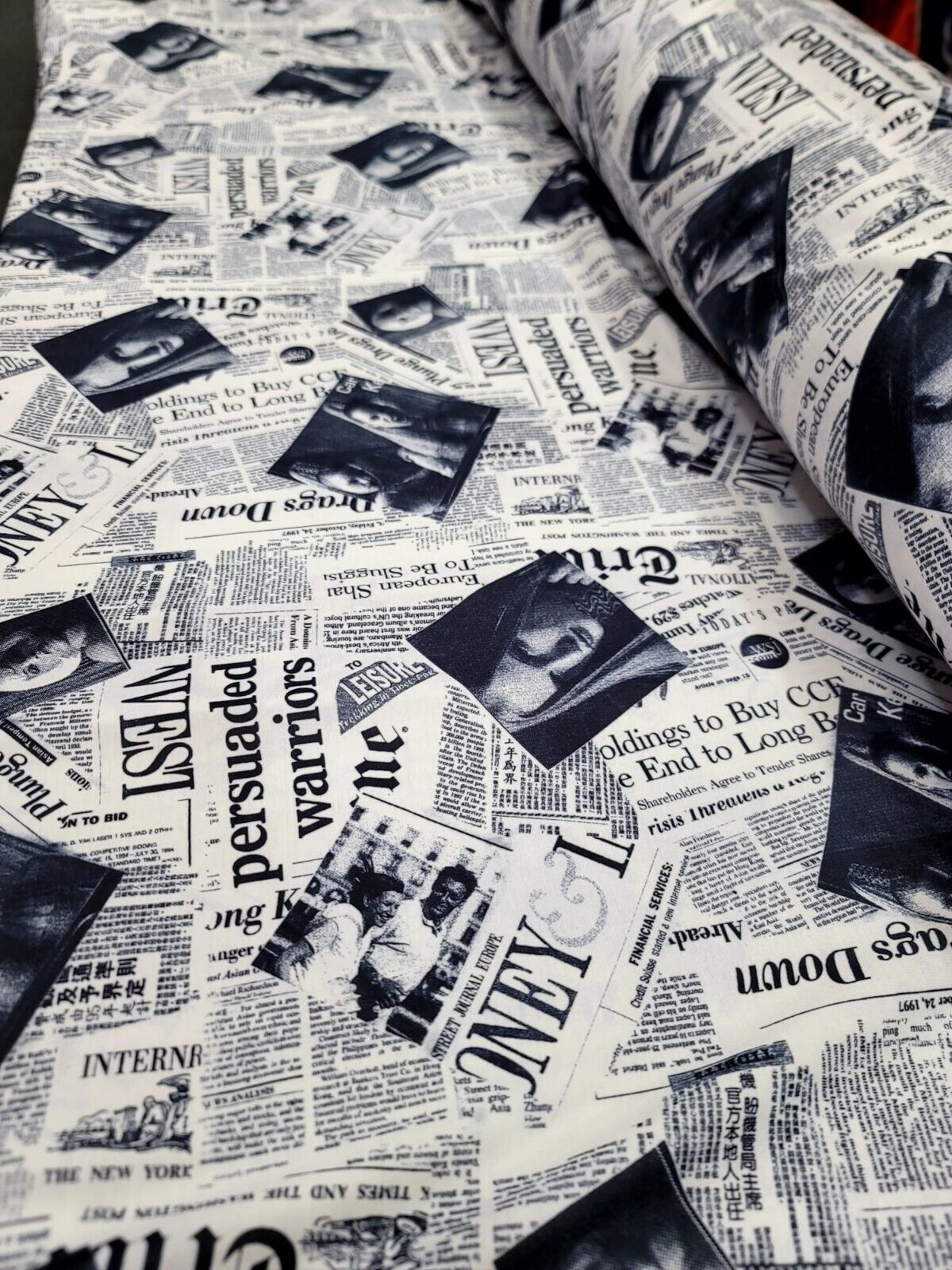 Cotton Newspaper Print Fabric Black and White