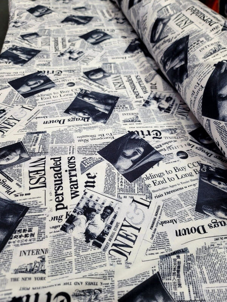 Cotton Newspaper Print Fabric Black and White