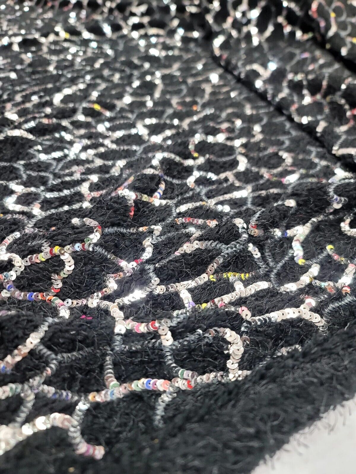 Sequin Faux Fur Stretch Fabric Black Silver