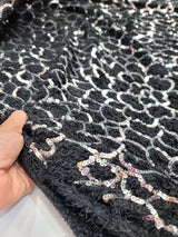 Sequin Faux Fur Stretch Fabric Black Silver