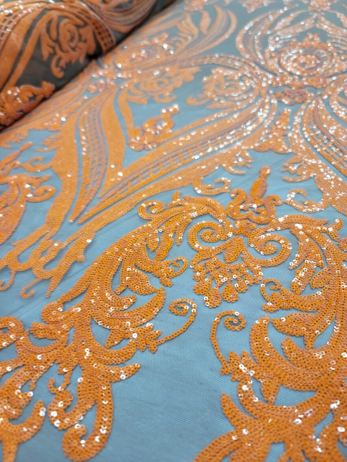 Orange Sequin Embroidered Lace Stretch Mesh Fabric