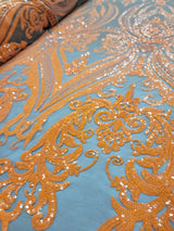 Orange Sequin Embroidered Lace Stretch Mesh Fabric