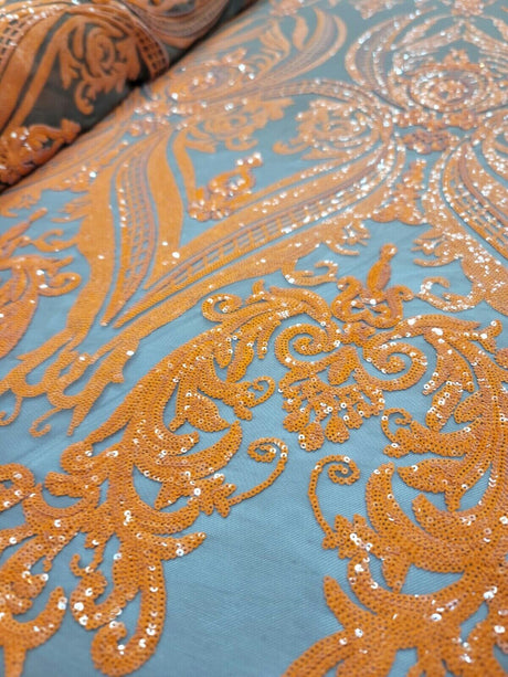 Orange Sequin Embroidered Lace Stretch Mesh Fabric
