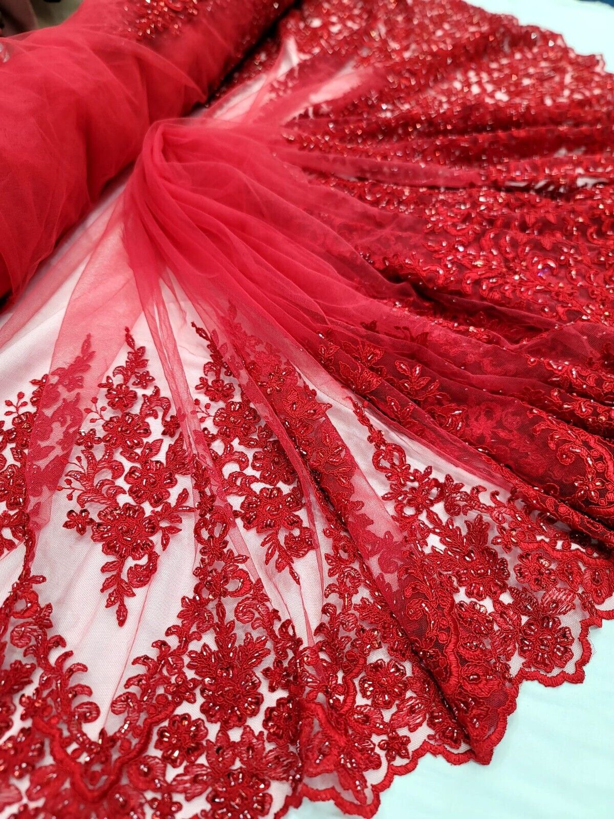 Beaded Embroidered Lace Fabric Red