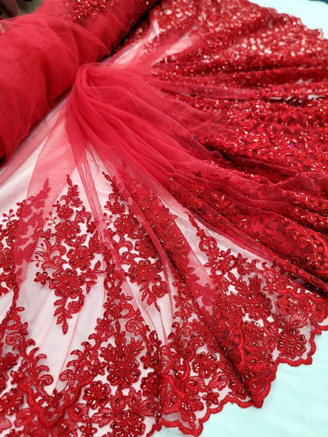 Beaded Embroidered Lace Fabric Red