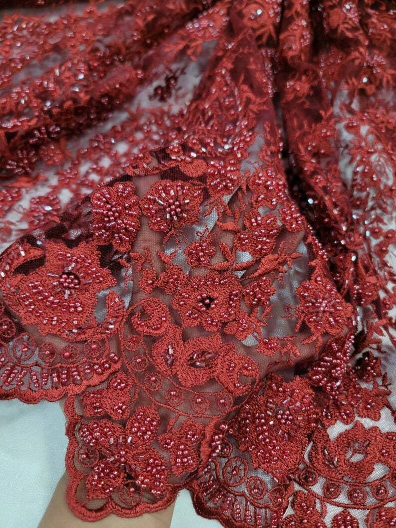 Beaded Lace Fabric Burgundy Floral Embroidery Mesh