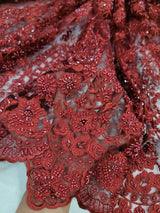 Beaded Lace Fabric Burgundy Floral Embroidery Mesh