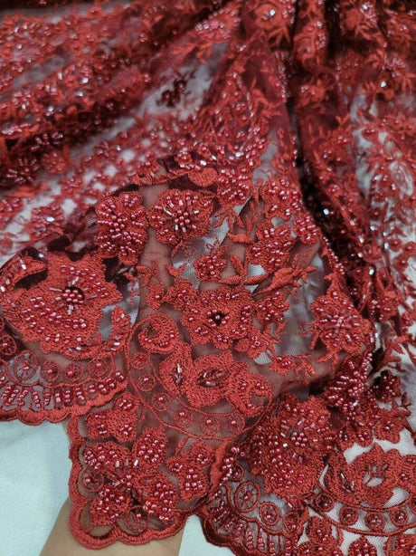 Beaded Lace Fabric Burgundy Floral Embroidery Mesh