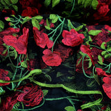 Embroidered Black Lace Fabric with Red and Green Flowers