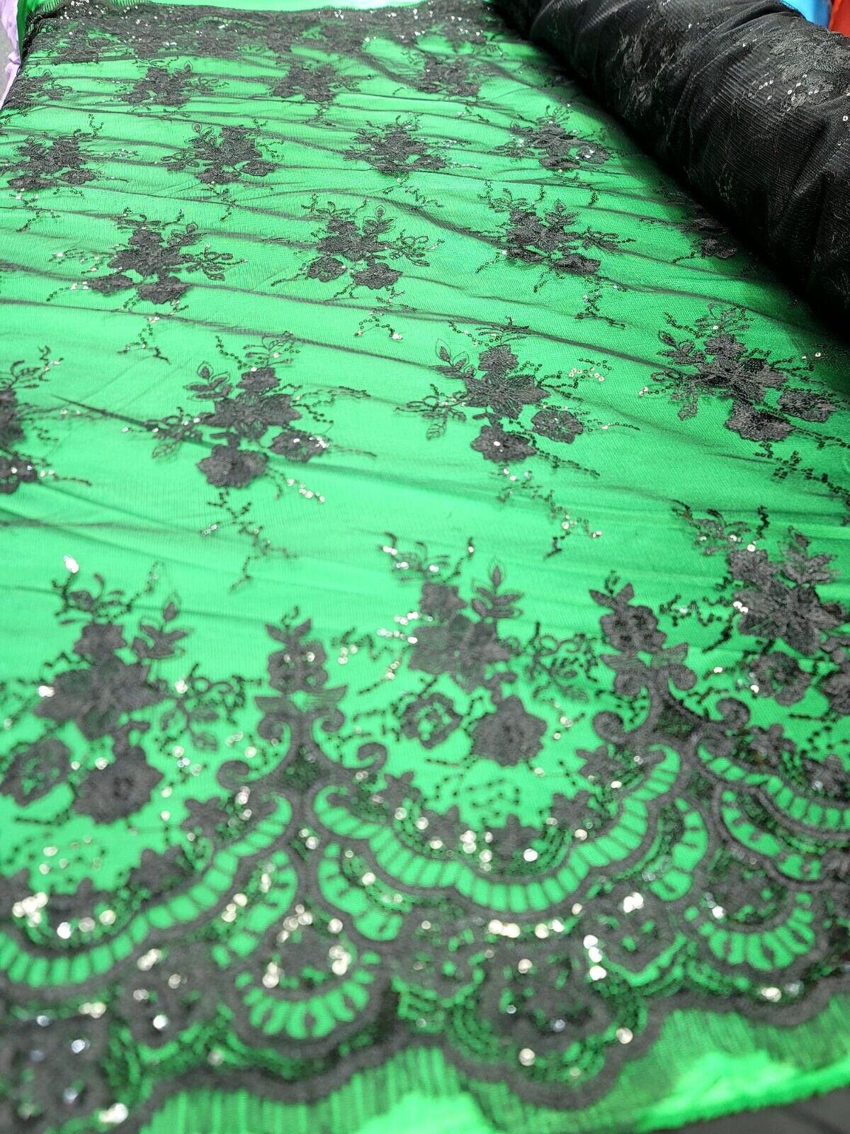 Black Embroidered Sequin Lace Fabric