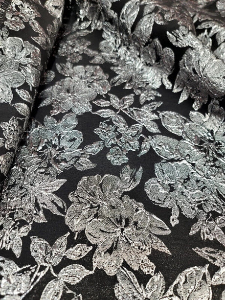 Brocade Jacquard Silver Floral on Black