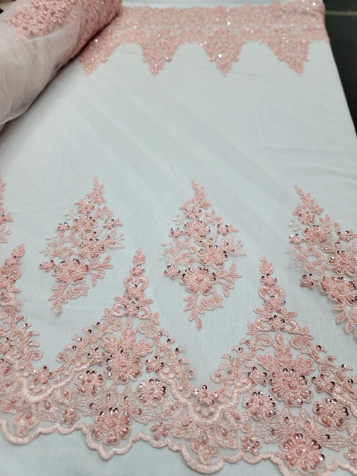 Blush Pink Sequined Embroidery Lace Fabric