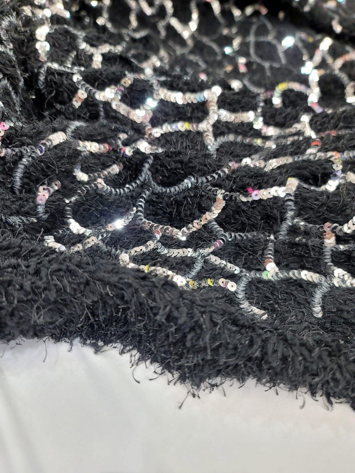Sequin Faux Fur Stretch Fabric Black Silver