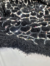 Sequin Faux Fur Stretch Fabric Black Silver