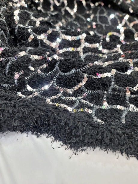Sequin Faux Fur Stretch Fabric Black Silver