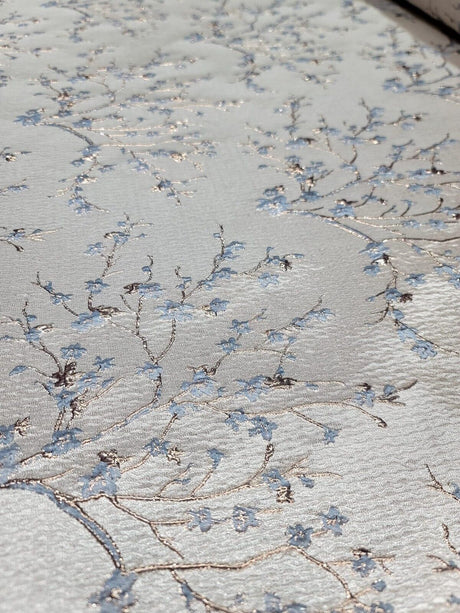 Brocade Jacquard Floral Fabric Baby Blue Gold
