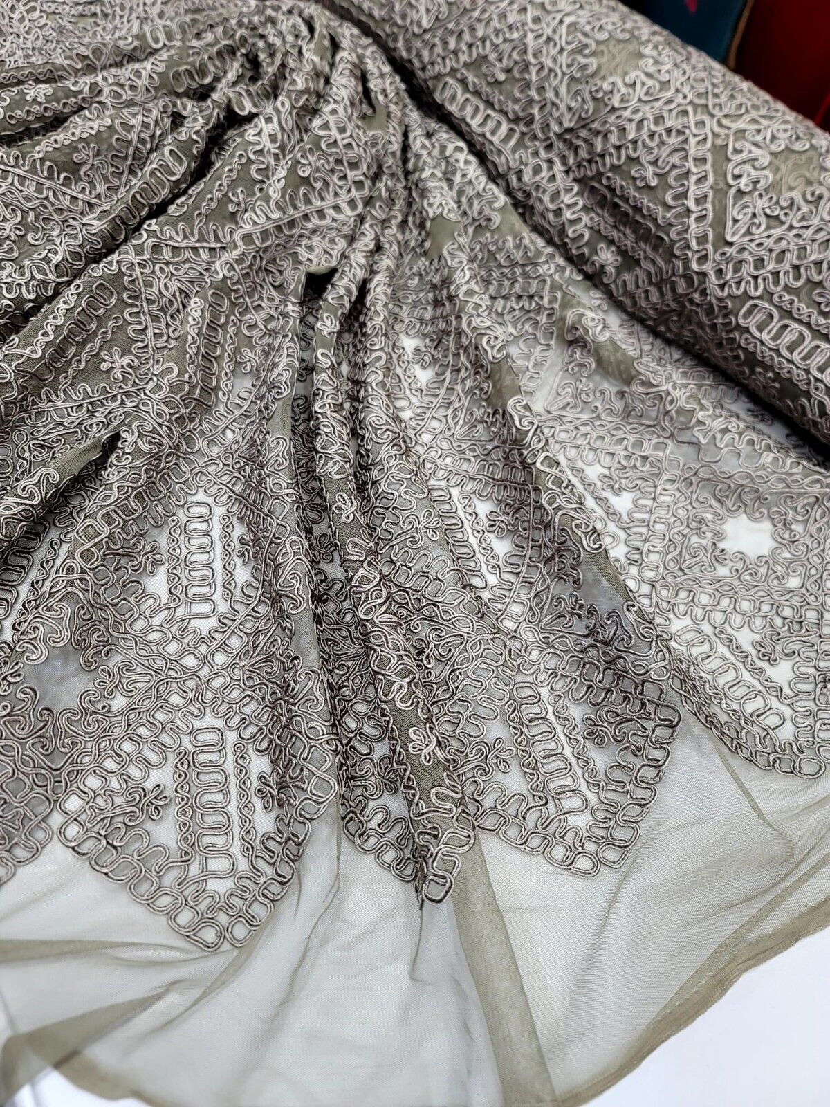 Embroidered Ribbon Lace Fabric Dark Olive Green