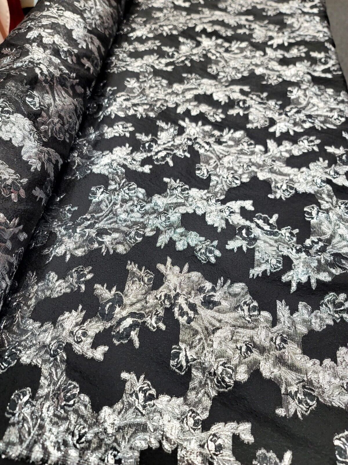 Black Organza Brocade Silver Floral Fabric