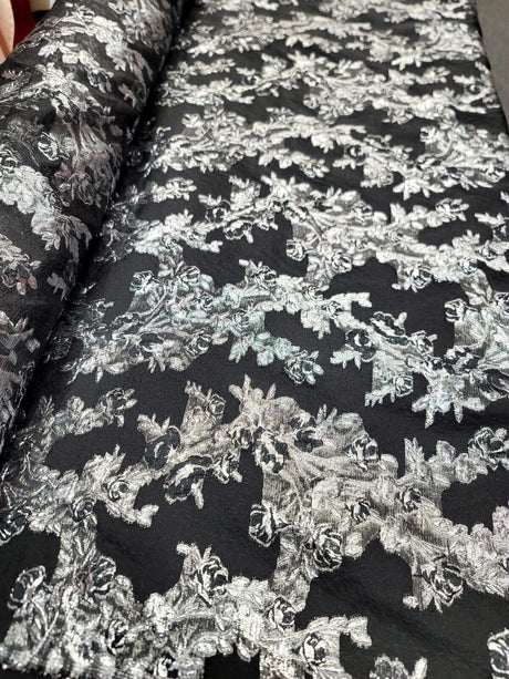 Black Organza Brocade Silver Floral Fabric