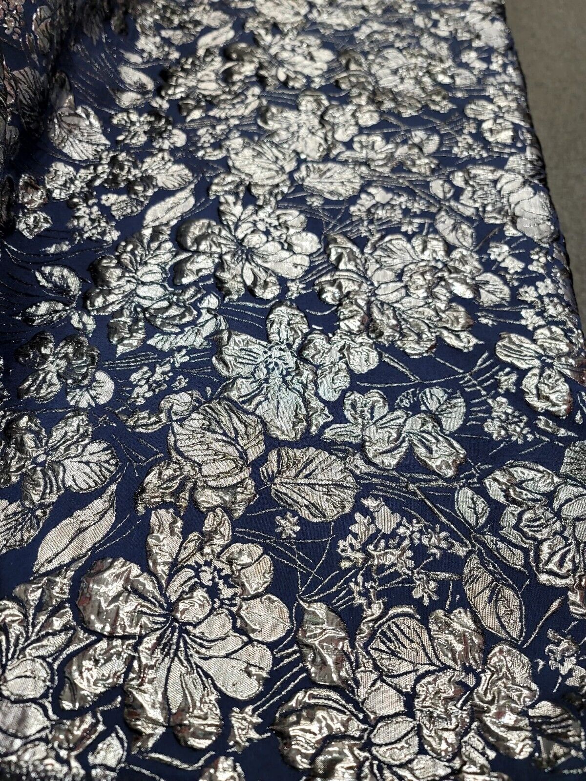 Brocade Jacquard Navy Blue Silver Floral
