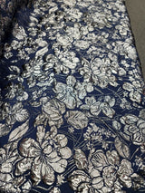 Brocade Jacquard Navy Blue Silver Floral