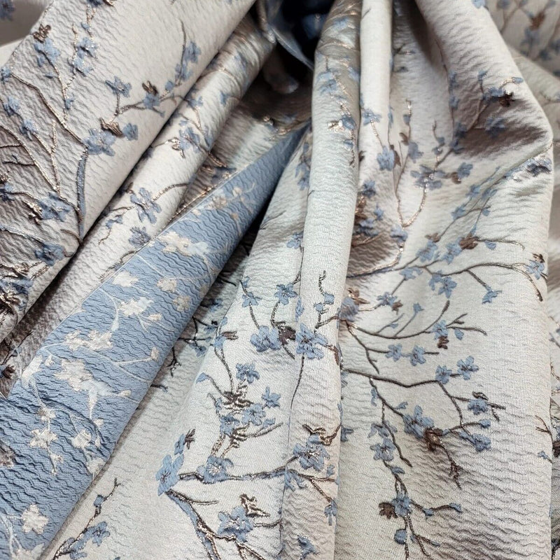 Brocade Jacquard Floral Fabric Baby Blue Gold