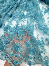 Beaded Embroidered Lace Fabric Turquoise