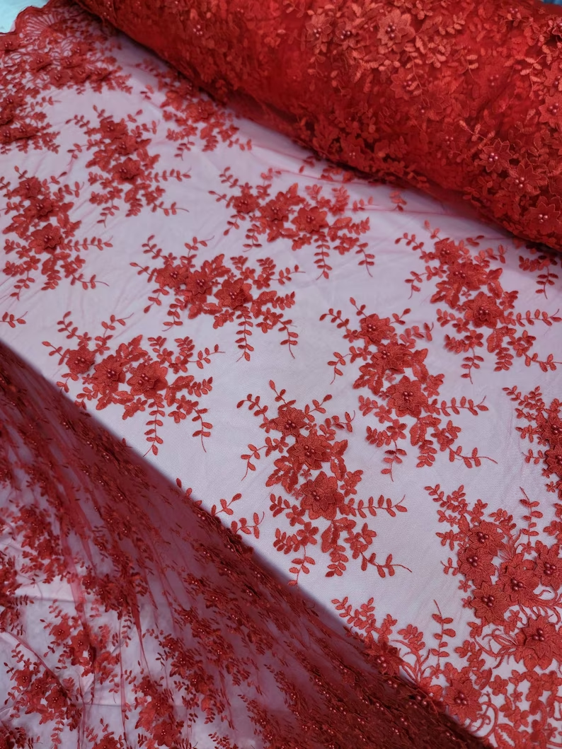 3D Flower Lace Embroidery Lace Fabric Red