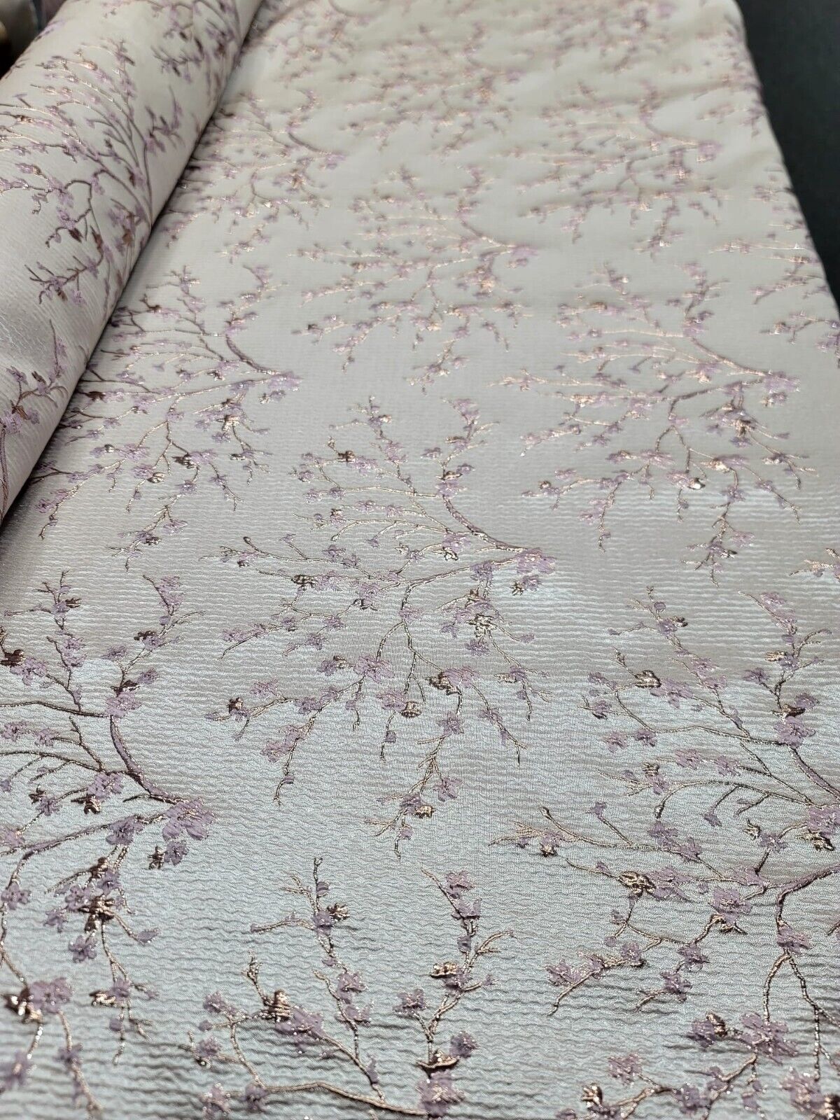 Metallic Floral Brocade Fabric Beige Pink Flowers