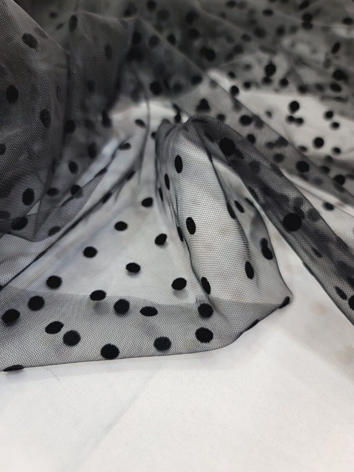 Black Tulle Mesh Fabric with Velvet Polka Dots