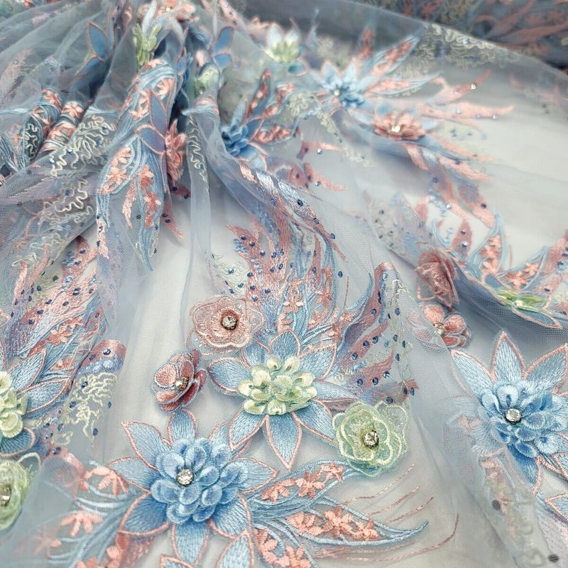 3D Floral Lace with Rhinestones in Sage Pink and Sky Blue