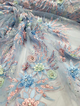 3D Floral Lace with Rhinestones in Sage Pink and Sky Blue