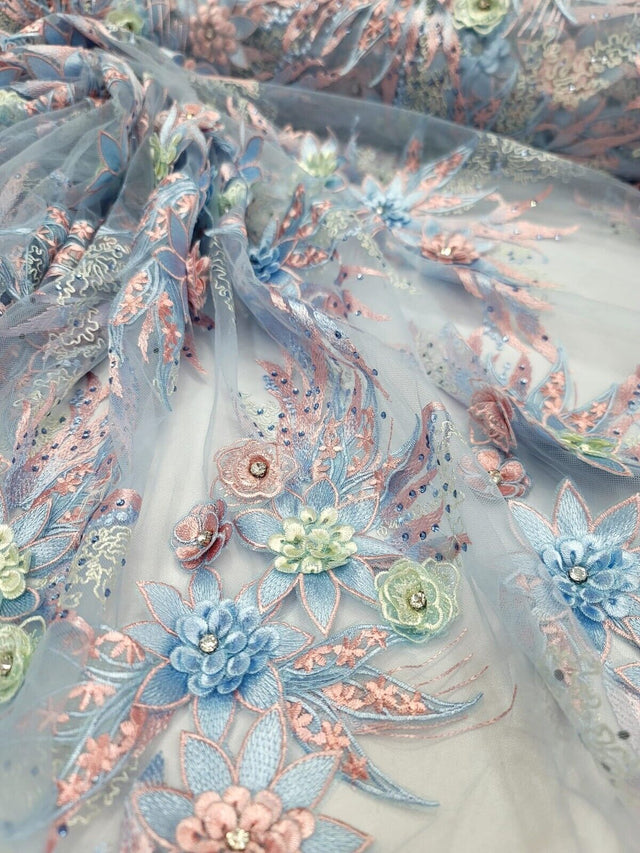 3D Floral Lace with Rhinestones in Sage Pink and Sky Blue