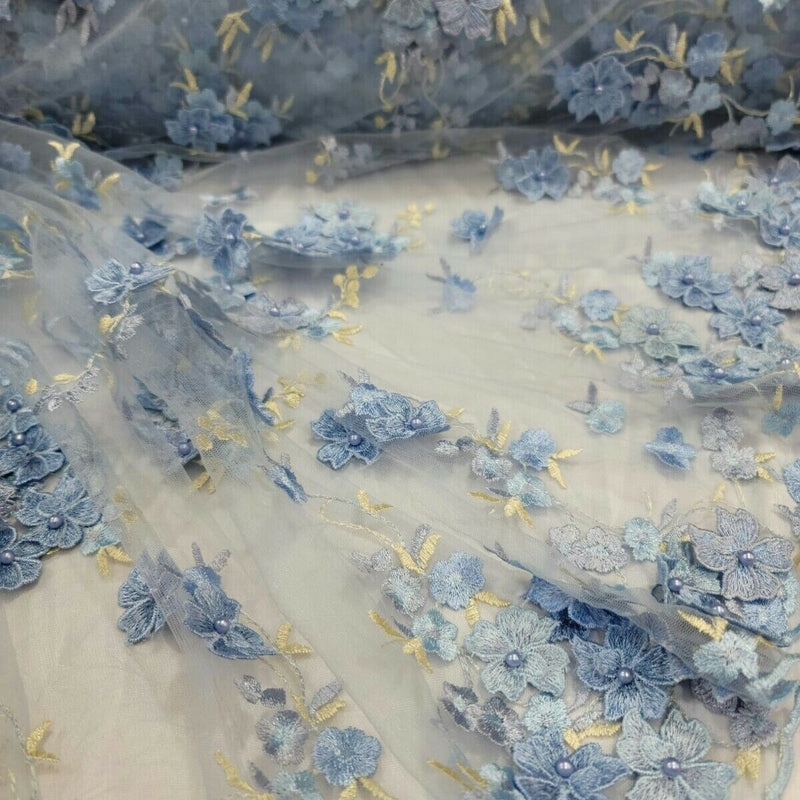 3D Floral Lace on Mesh Sky Blue and Light Yellow