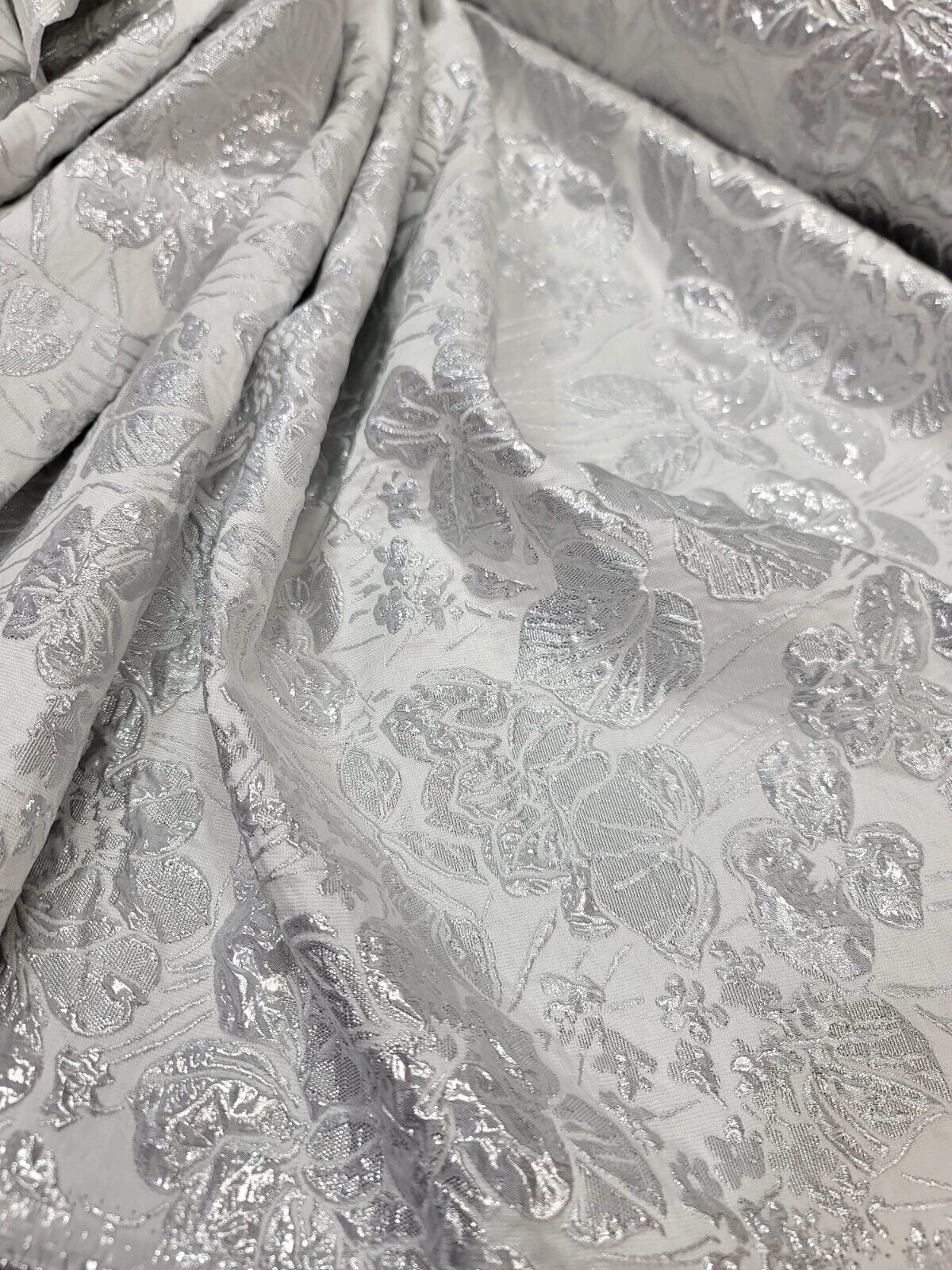 White Silver Floral Brocade Fabric