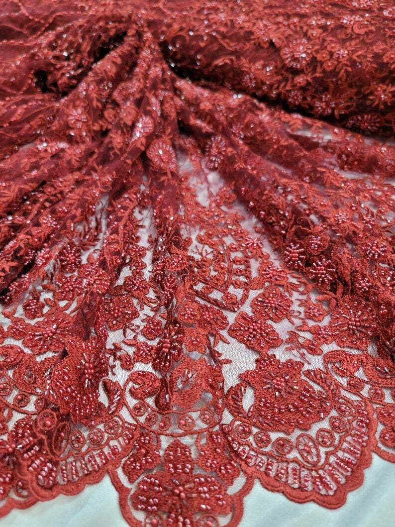 Beaded Lace Fabric Burgundy Floral Embroidery Mesh