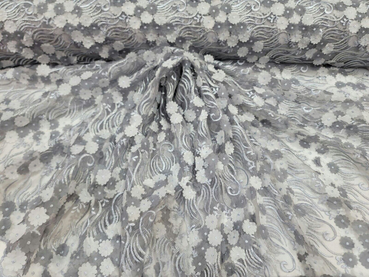 3D Floral Lace Gray Embroidery Sequin Fabric