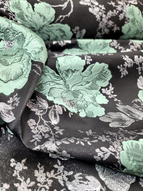 Brocade Jacquard Floral Fabric Sage Green Silver Black