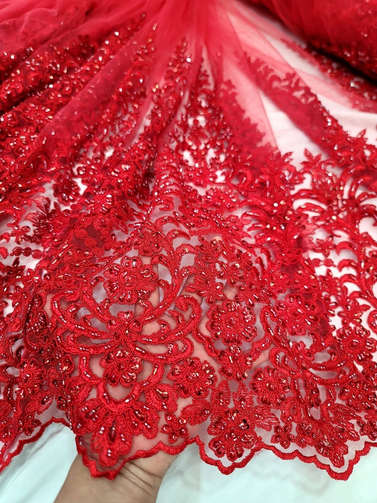 Beaded Embroidered Lace Fabric Red