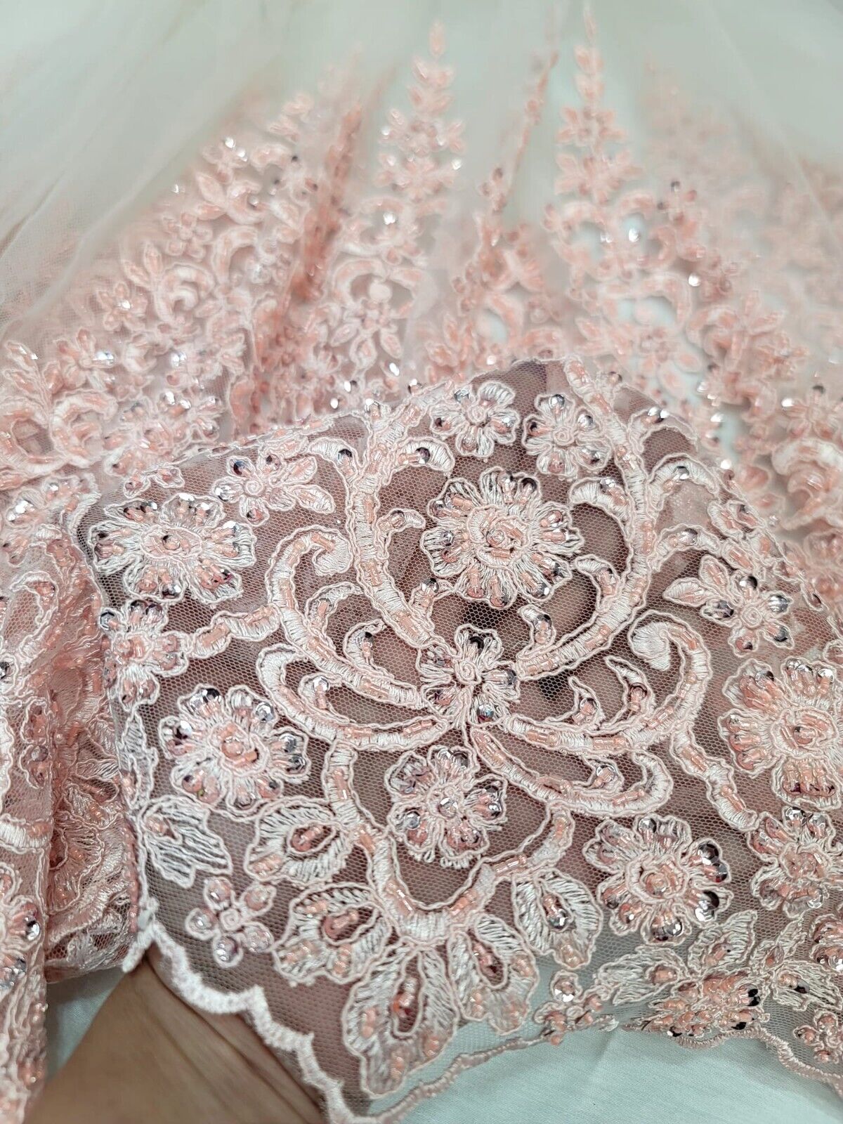 Blush Pink Sequined Embroidery Lace Fabric
